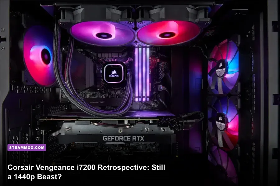 Corsair Vengeance i7200 gaming desktop tower running inside a modern battlestation