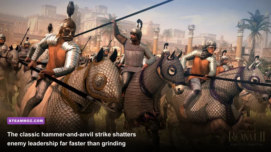 Heavy shock cavalry executing a rear charge into enemy infantry in Total War Rome 2