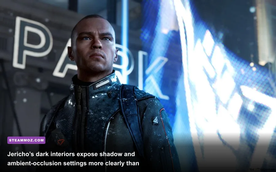 Markus exploring the Jericho hideout in Detroit Become Human on PC