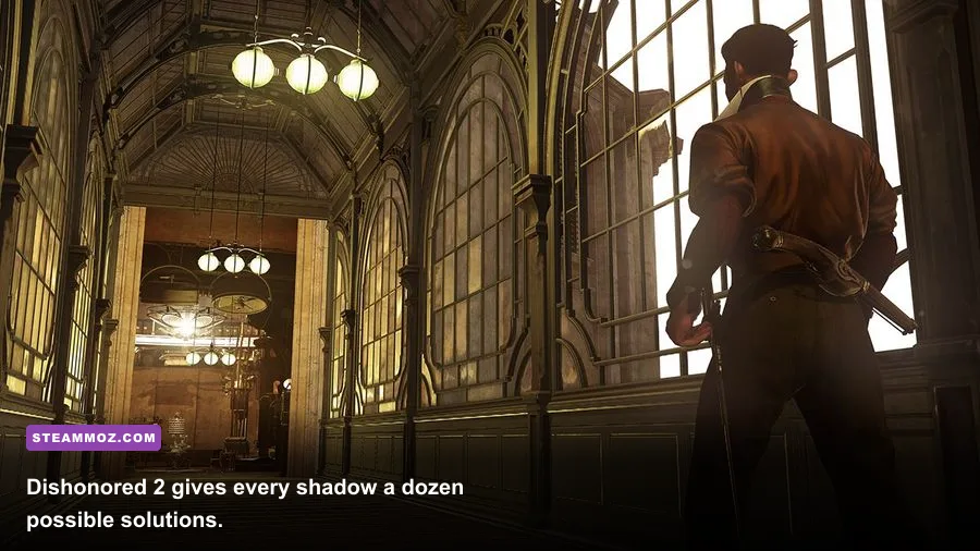 Emily Kaldwin using supernatural stealth abilities inside the Clockwork Mansion