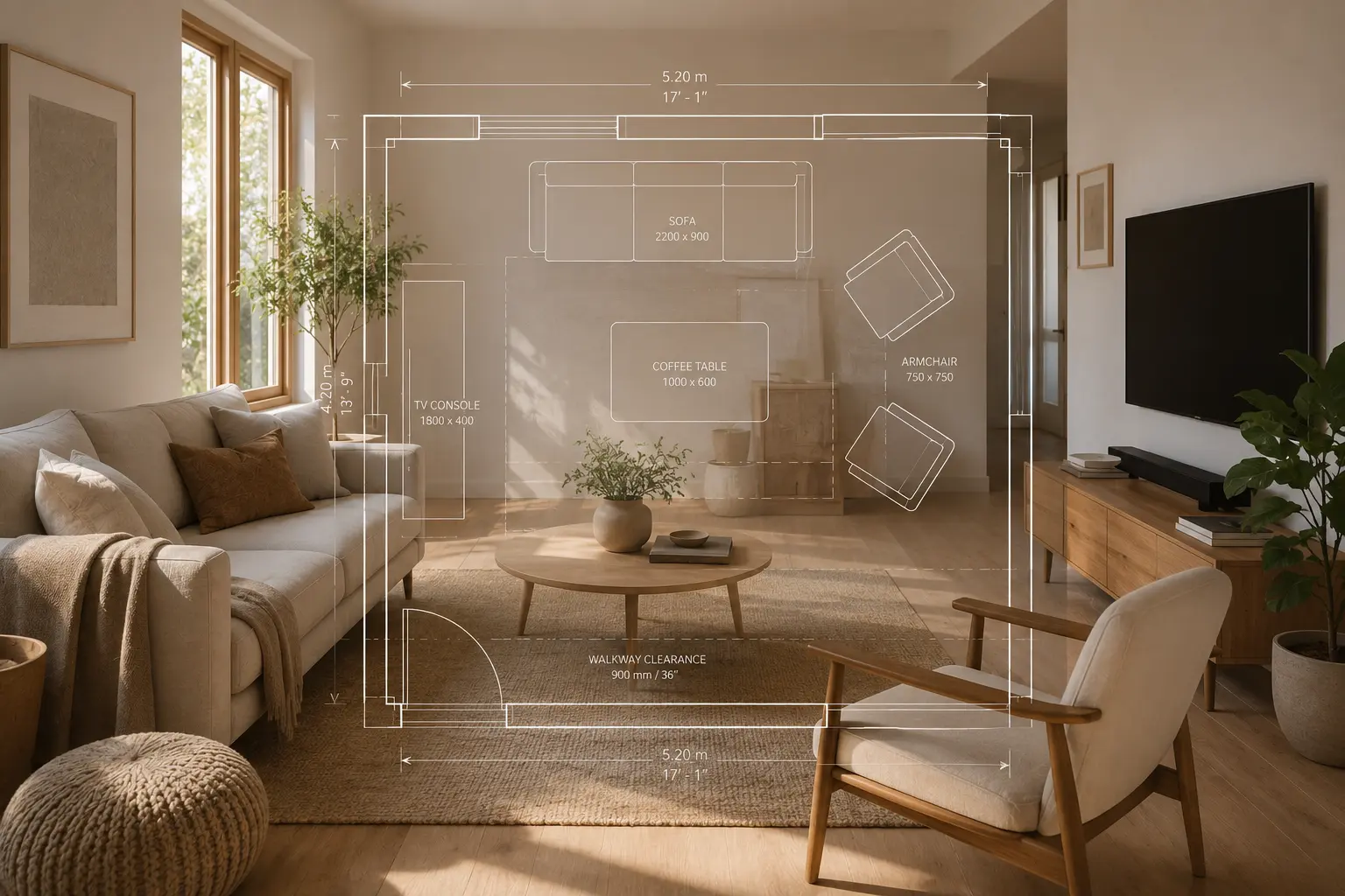 Scandinavian living room with a scaled floor plan sketch overlay showing furniture placement