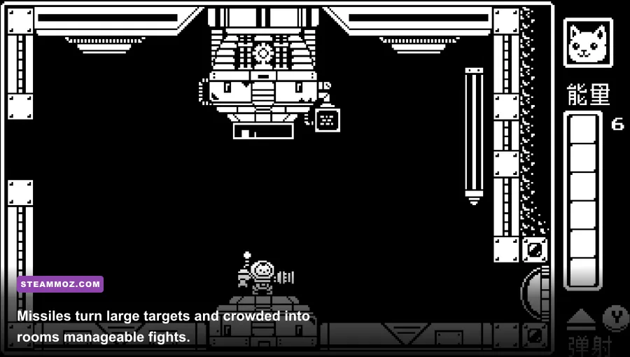 Kiki firing missiles at a boss in Gato Roboto