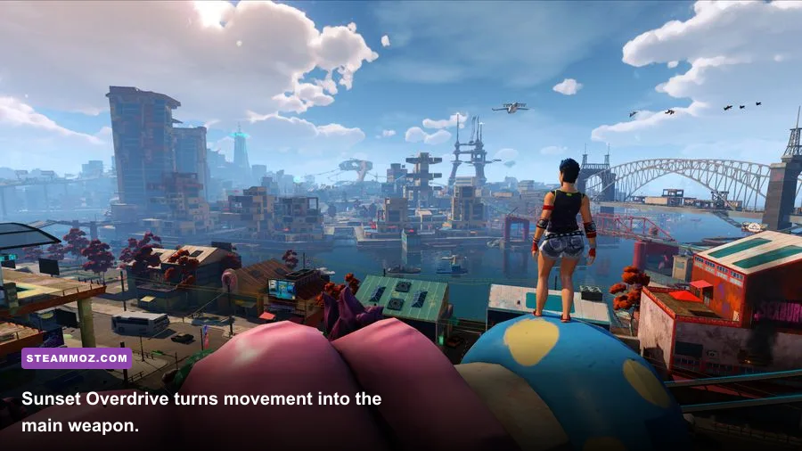 Sunset Overdrive gameplay showing neon city traversal and explosive weapons