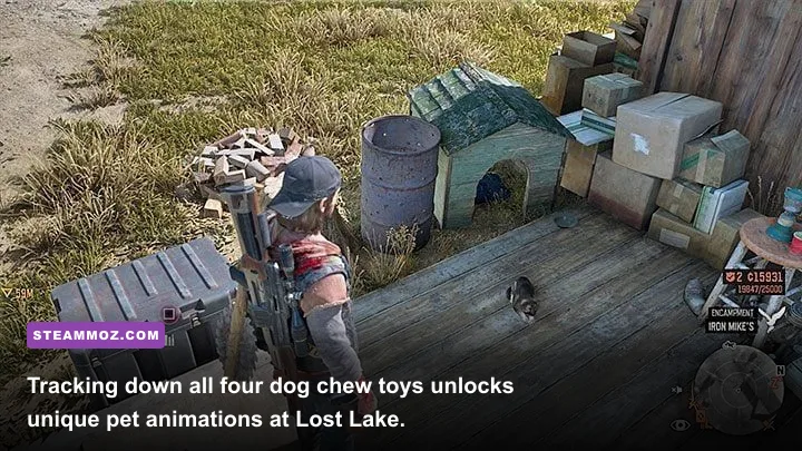 Deacon St. John interacting with the stray puppy at Lost Lake Camp in Days Gone