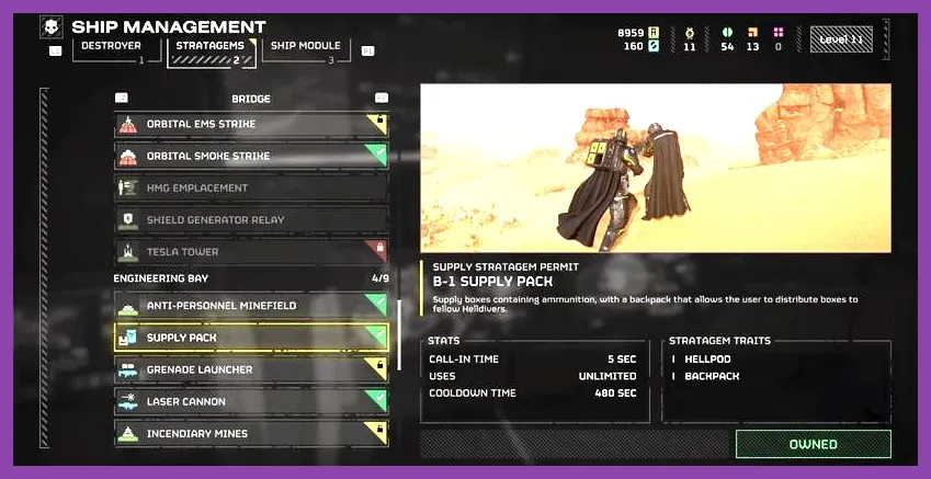 Helldivers 2 player using Boost and Ammo Backpack stratagems to increase material drop