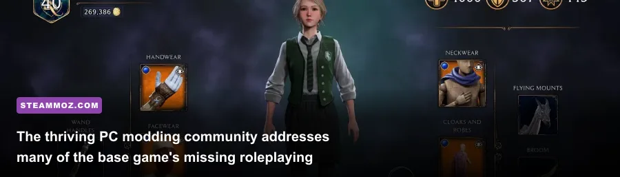 Modded Hogwarts Legacy character walking the halls with customized robes and companion