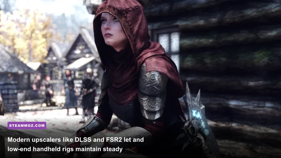 Close-up rendering of detailed steel plate armor on a character standing in Riften