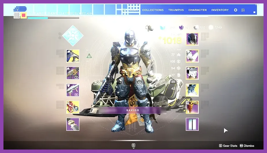 Destiny 2 character menu with equipped weapons and armor