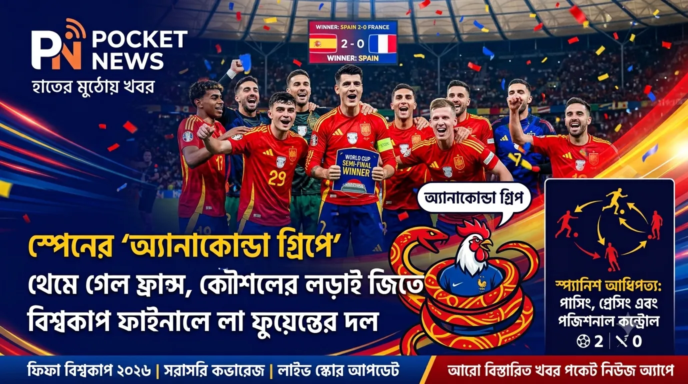 স্পেনের ‘অ্যানাকোন্ডা গ্রিপে’ থেমে গেল ফ্রান্স, কৌশলের লড়াই জিতে বিশ্বকাপ ফাইনালে লা ফুয়েন্তের দল স্পেনের ‘অ্যানাকোন্ডা গ্রিপে’ থেমে গেল ফ্রান্স, কৌশলের লড়াই জিতে বিশ্বকাপ ফাইনালে লা ফুয়েন্তের দল