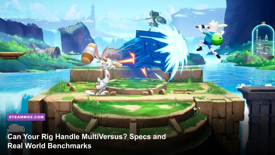 MultiVersus characters clashing in an intense 2v2 platform fighter match