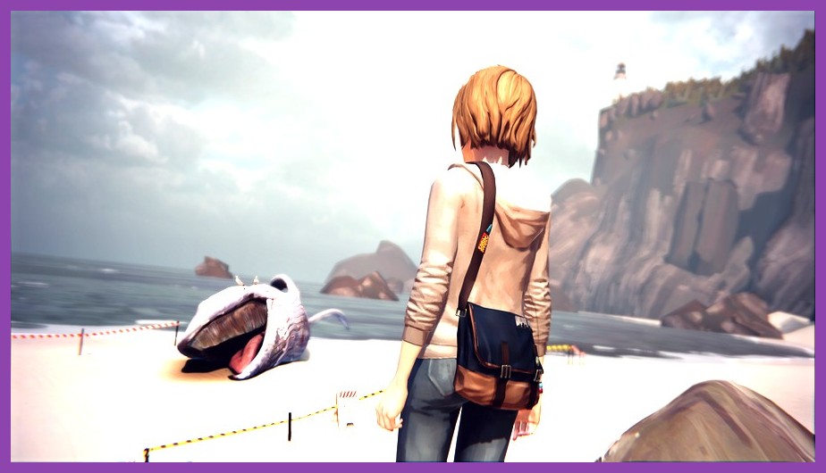 Max Caulfield holding polaroid camera in atmospheric cinematic scene