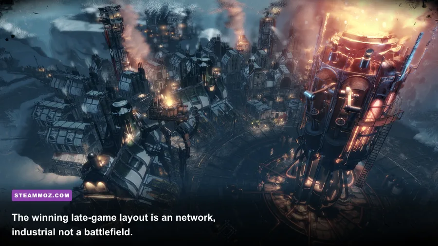 Late-game Frostpunk The Rifts settlement spanning multiple frozen islands