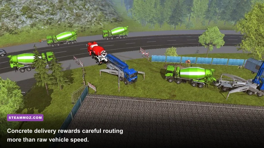 Construction Simulator 2015 concrete mixer delivering material to a building site