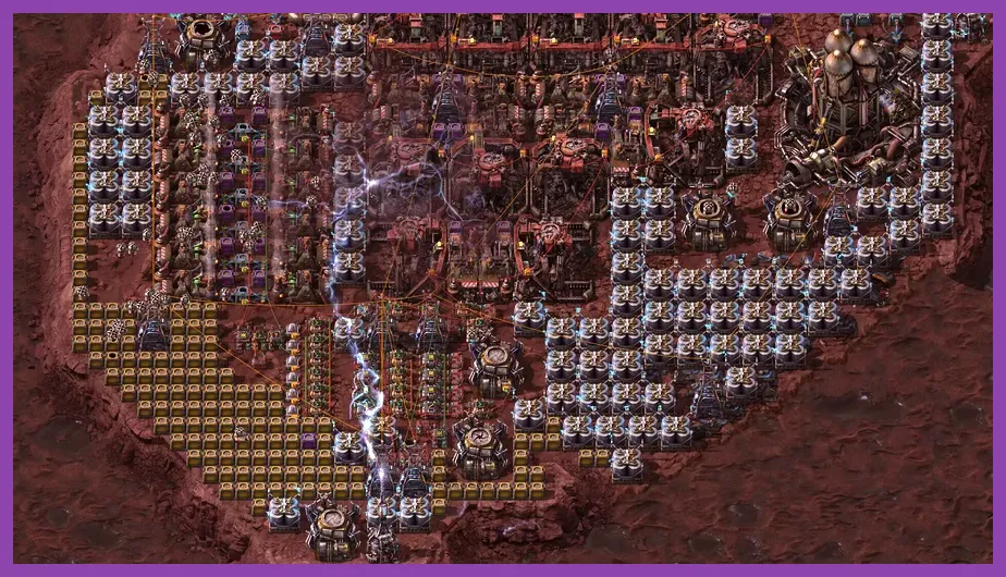 Factorio Space Age Tesla gun using chain lightning against enemy creatures