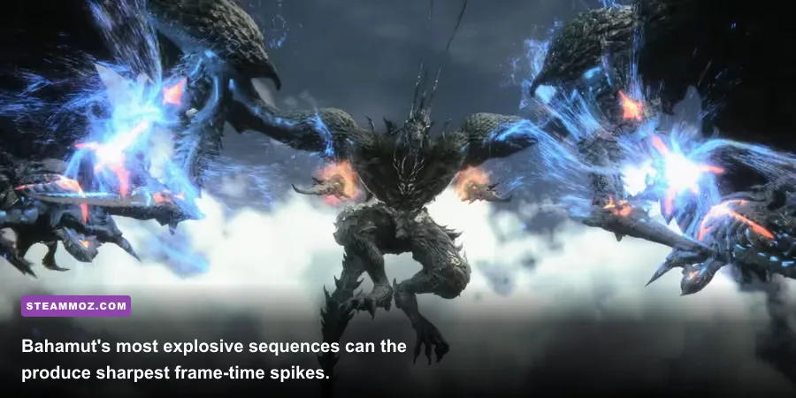 Bahamut Eikon battle in Final Fantasy XVI with bright particle effects