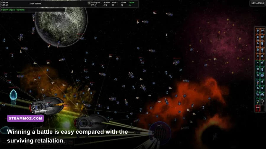 Large-scale AI War 2 fleet combat around an enemy starbase
