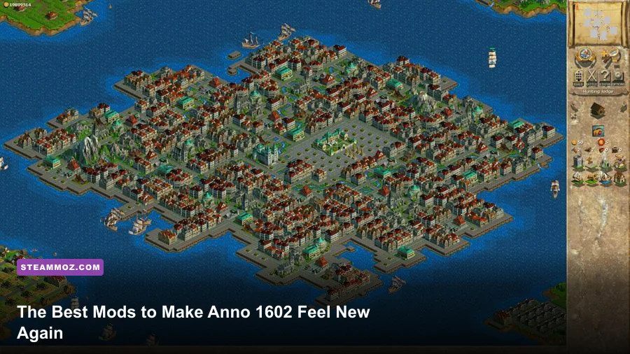 Anno 1602 island settlement with ships, farms, and production buildings