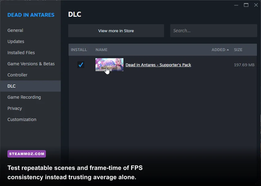 Dead in Antares PC performance testing with frame rate overlay