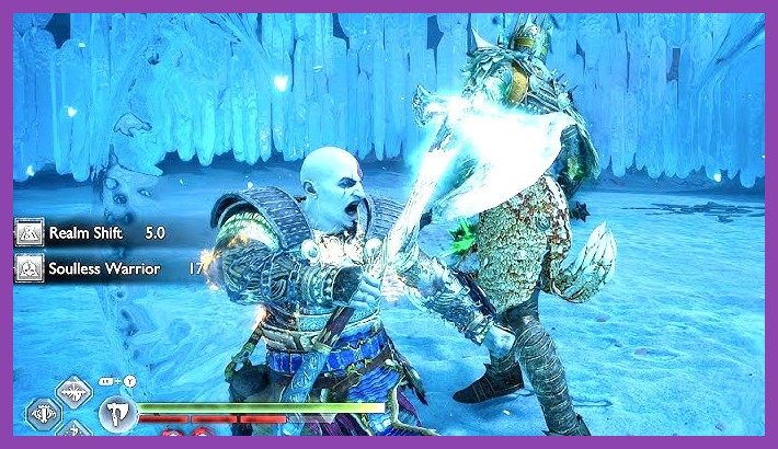 Kratos executing a Realm Shift dodge with the Radiance Armor set in God of War Ragnarok