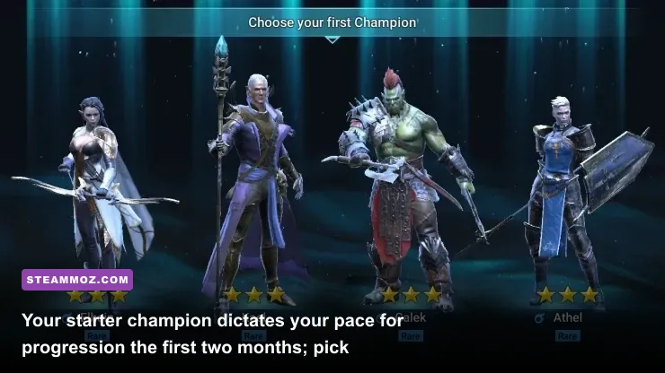 Champion selection screen showing Kael, Elhain, Athel, and Galek in Raid Shadow Legends