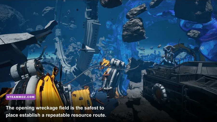 Breathedge starting shuttle area with floating titanium and ice resources