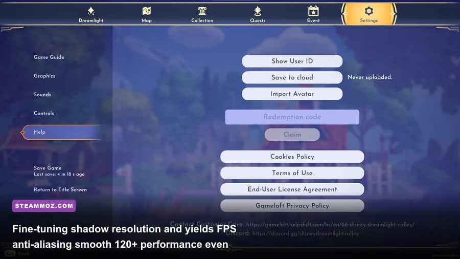 Disney Dreamlight Valley PC graphics and display options configuration screen