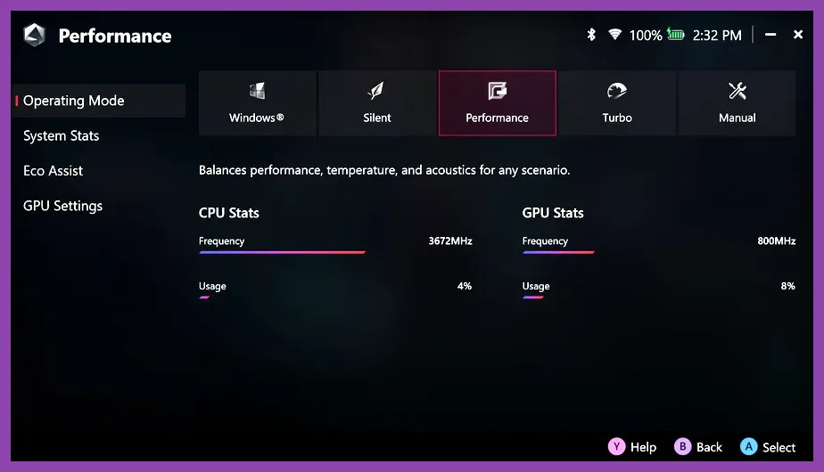 ASUS Armoury Crate SE performance profiles on ROG Ally
