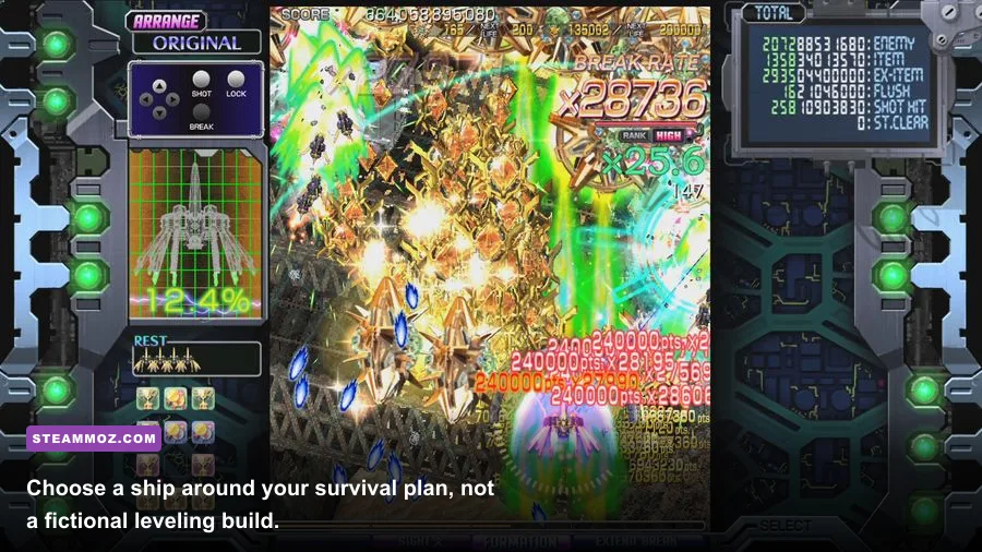 Crimzon Clover WORLD EXplosion ship selection showing Type I Type II and Type III