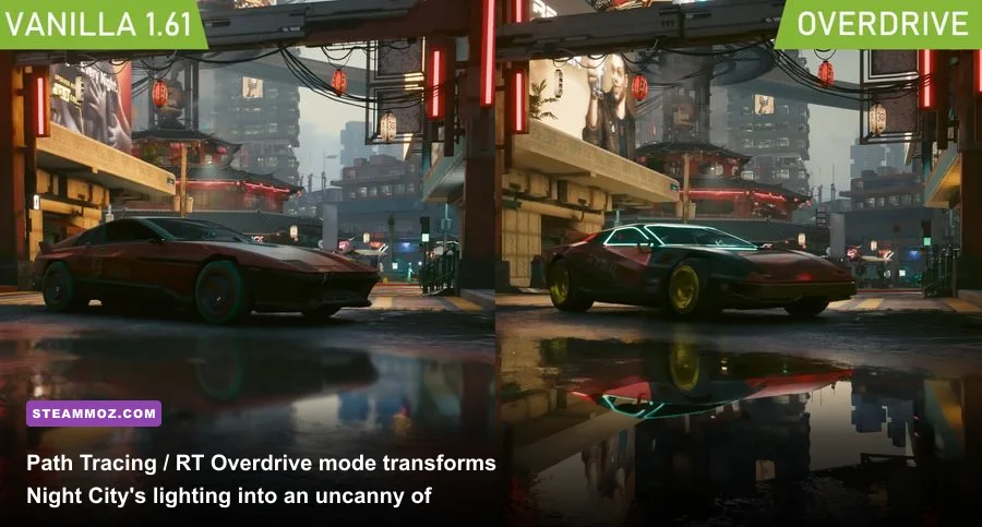 Path tracing reflections and direct lighting on wet pavement in Cyberpunk 2077