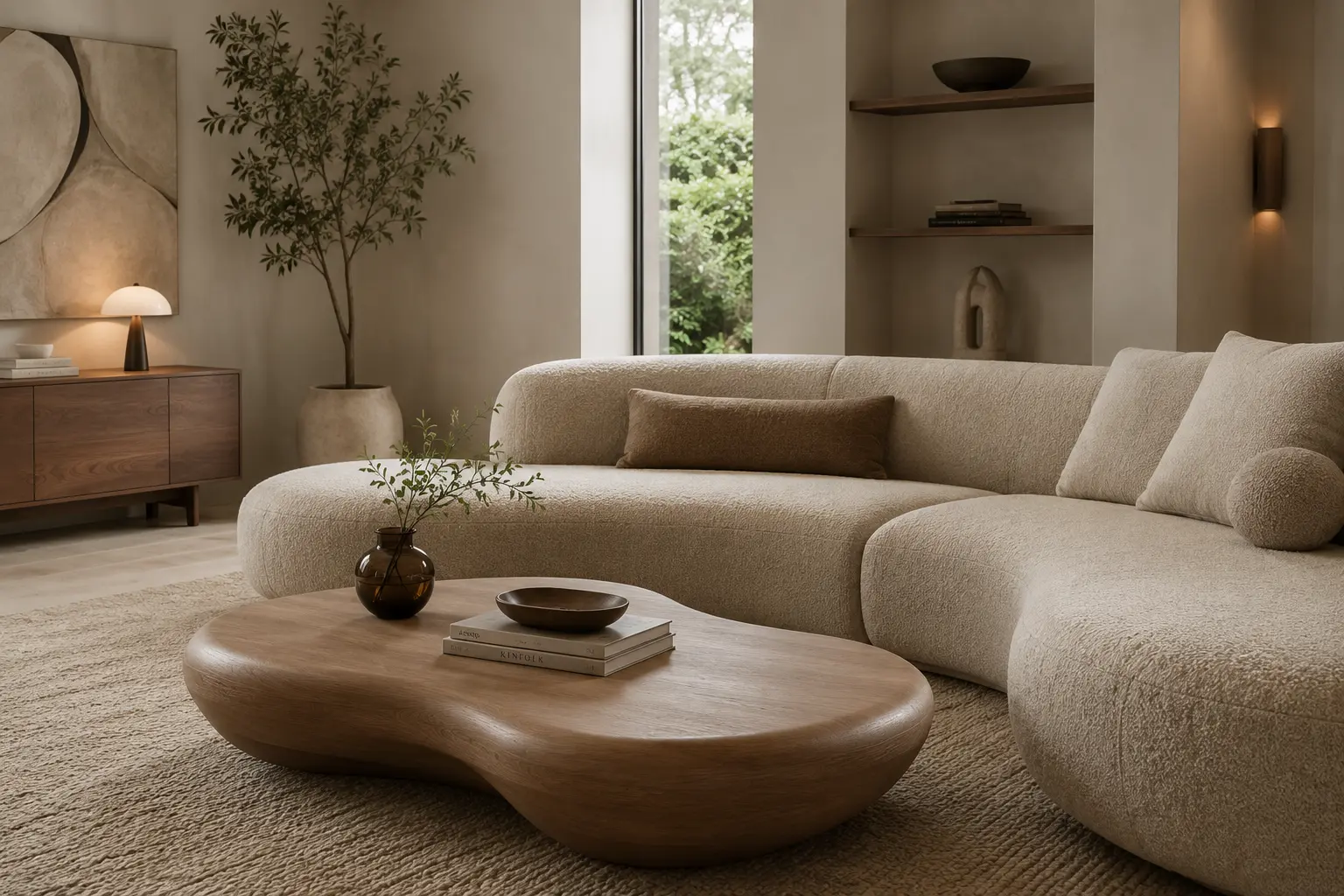 Curved modular sofa with organic freeform coffee table in minimalist living room