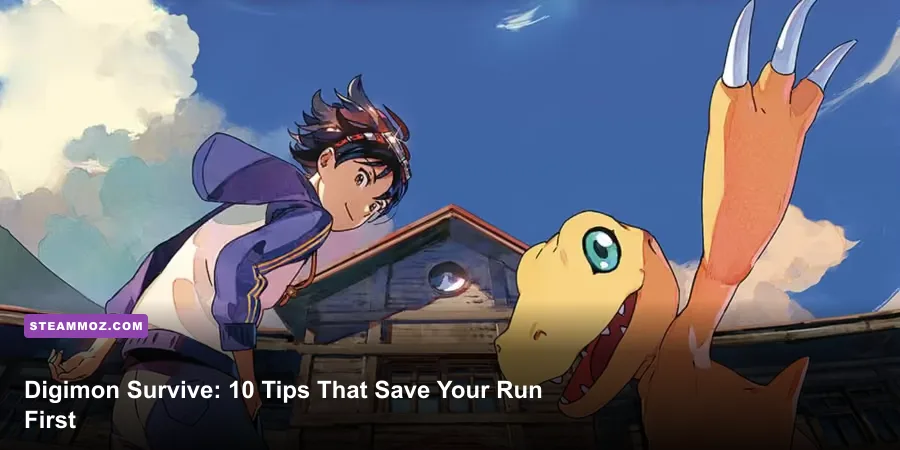 Takuma and Agumon facing enemies on a tactical battlefield in Digimon Survive