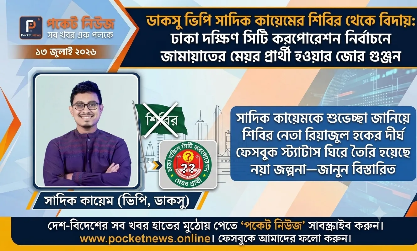 ডাকসু ভিপি সাদিক কায়েমের শিবির থেকে বিদায়: ঢাকা দক্ষিণ সিটি করপোরেশন নির্বাচনে জামায়াতের মেয়র প্রার্থী হওয়ার জোর গুঞ্জন ডাকসু ভিপি সাদিক কায়েমের শিবির থেকে বিদায়: ঢাকা দক্ষিণ সিটি করপোরেশন নির্বাচনে জামায়াতের মেয়র প্রার্থী হওয়ার জোর গুঞ্জন
