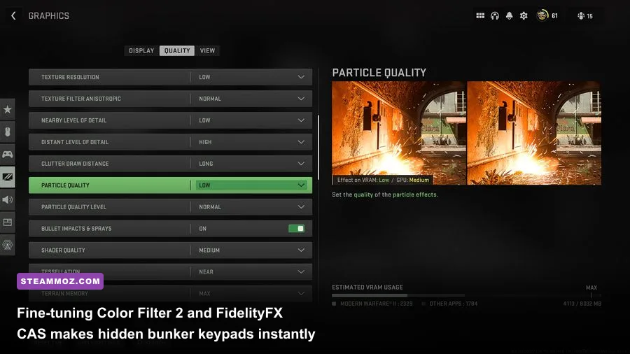 Warzone PC graphics settings interface showing visibility and sharpening options