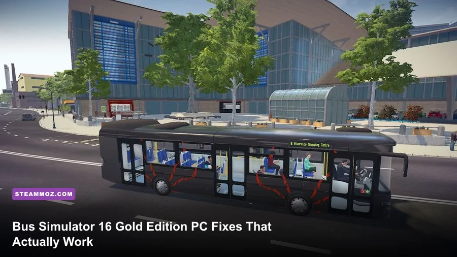 Bus Simulator 16 Gold Edition bus driving through a city on PC