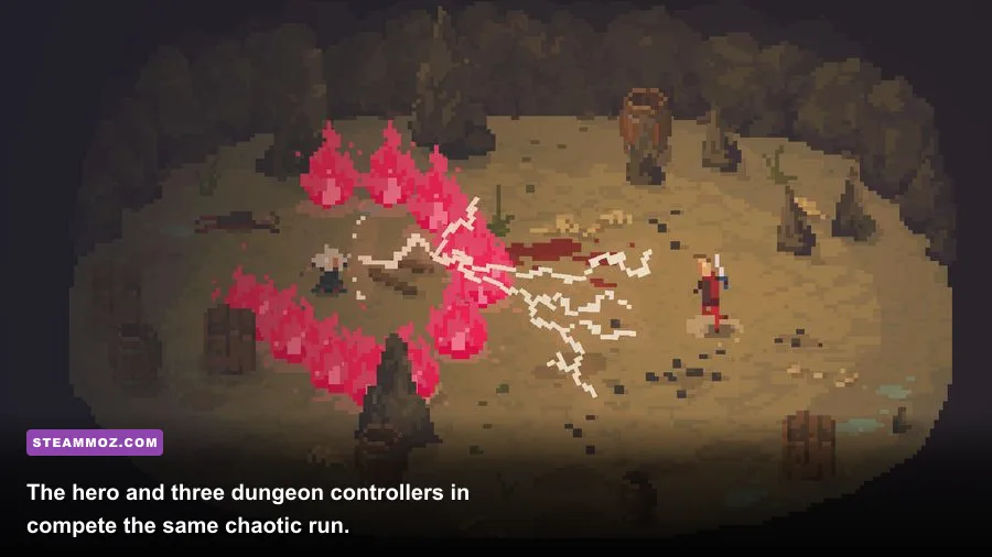 Four players fighting monsters in Crawl's procedurally generated dungeon