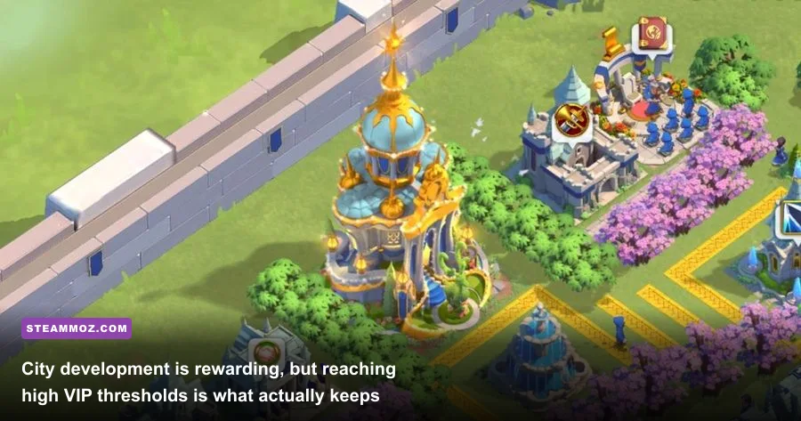 Upgraded level 25 city hall with decorative monuments on Rise of Kingdoms PC