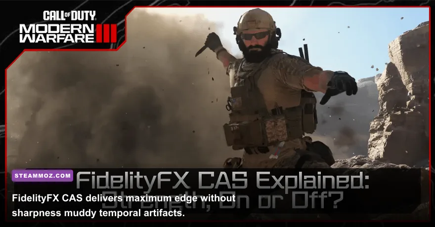 Split screen showing FidelityFX CAS sharpness compared to standard anti-aliasing