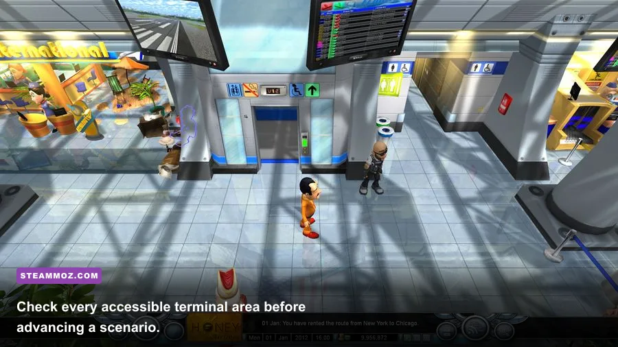 Airline Tycoon 2 airport map showing terminal areas and service locations