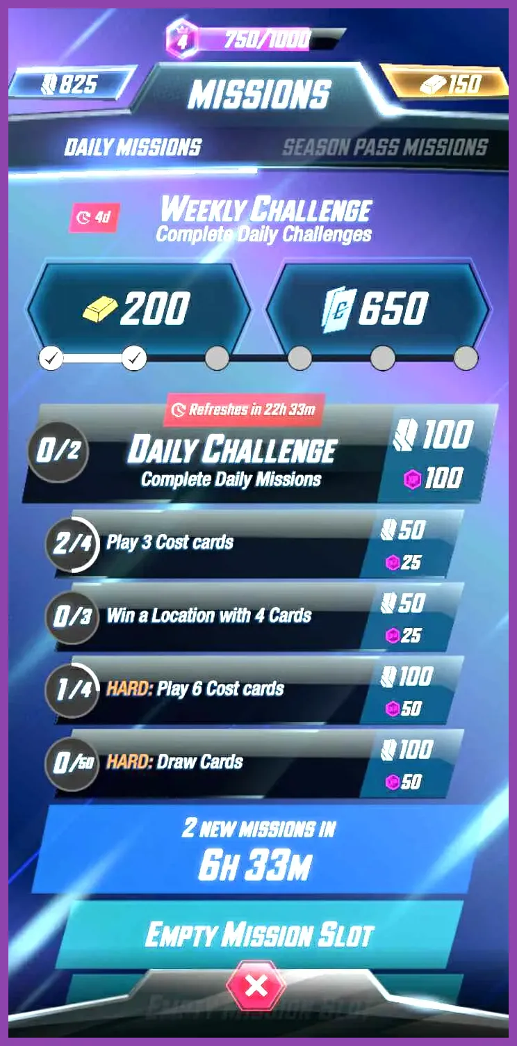 Marvel Snap daily missions interface displaying credit rewards