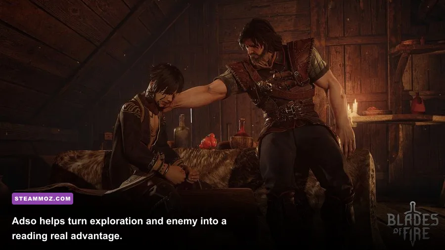 Adso accompanying Aran de Lira during Blades of Fire exploration