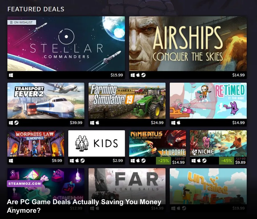 A digital PC gaming library displaying discounted games and seasonal sale banners
