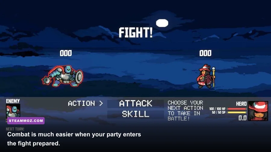 Caravan game party fighting enemies in turn-based combat