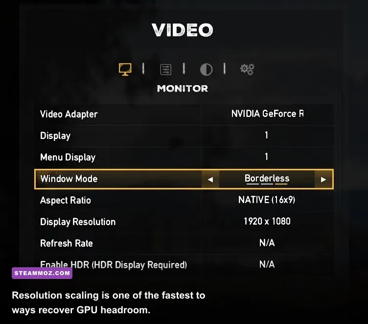 Far Cry 5 advanced display settings for resolution scaling and motion blur
