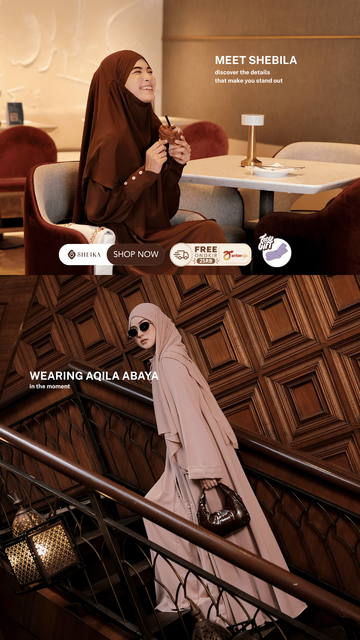 Model mengenakan Shebila dan Aqila Abaya dari SHEIKA