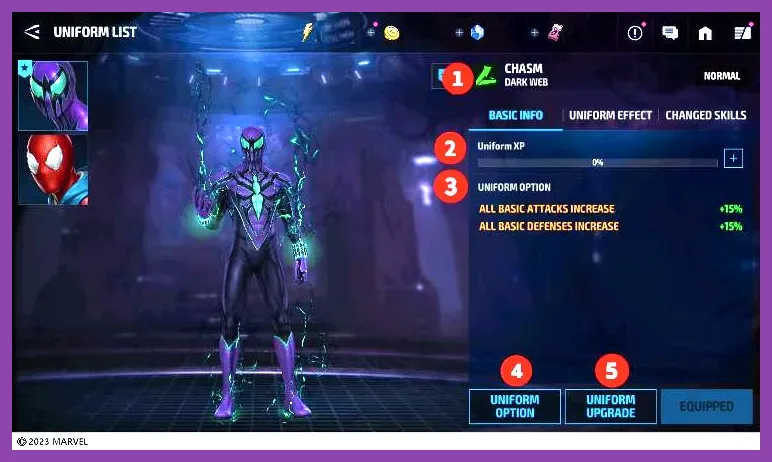 Marvel Future Fight uniform upgrade interface