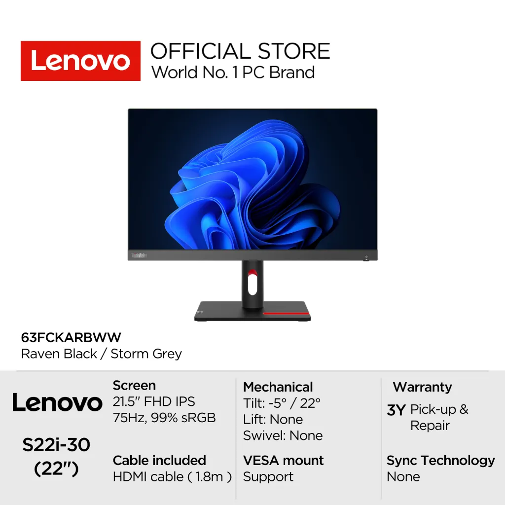 Lenovo Monitor ThinkVision S22i-30 63FCKARBWW Raven Black 21.5" FHD IPS 250nits 75Hz 99% sRGB Antiglare WLED Backlight Tilt VESA HDMI Cable Garansi Resmi 3 Tahun Pick-up & Repair S22i 22inch NearEdgeless