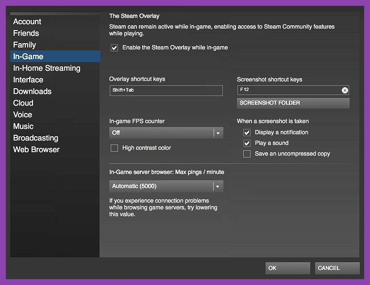 Steam client settings menu interface