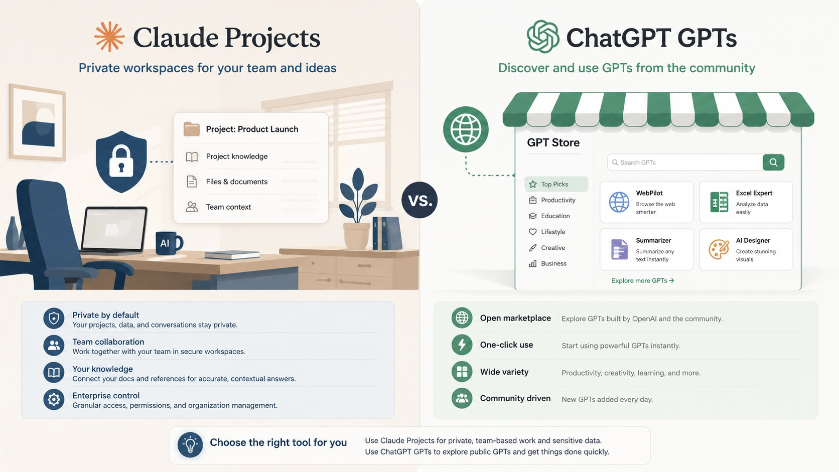 Claude ProjectsとChatGPT GPTsの比較図解