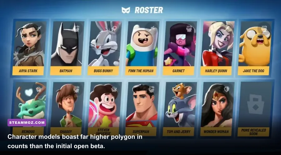 MultiVersus character selection screen showing fighters like Batman, Shaggy, and Harley Quinn