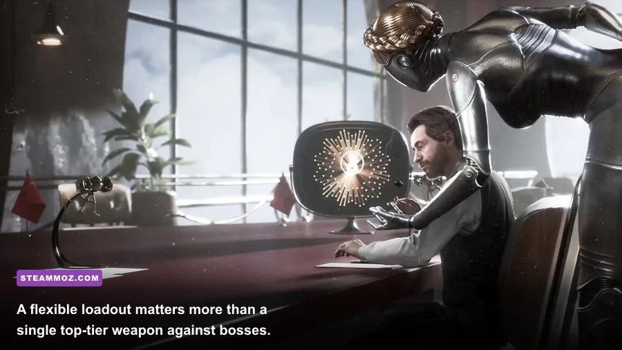 Atomic Heart boss battle against Hedgie with combat weapons equipped